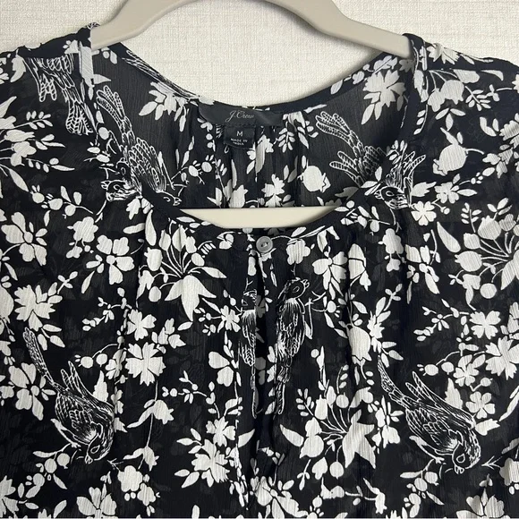 J Crew Black/Ivory Bird & Floral Toile Print Ruched‎ Sleeve Top Size Medium - Picture 4 of 8